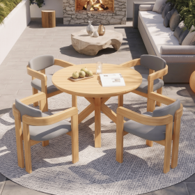 5-Piece Outdoor Acacia Wood Round Dining Set, Solid Wood Patio Table with 4 Barrel Chairs, Cushioned Seats & Backs, Modern Garden Conversation Se