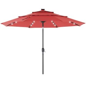 10ft 3-Tier Solar LED Patio Umbrella with Tilt Adjustment and UV-Resistant Polyester Fabric, Outdoor Market Umbrella, Red