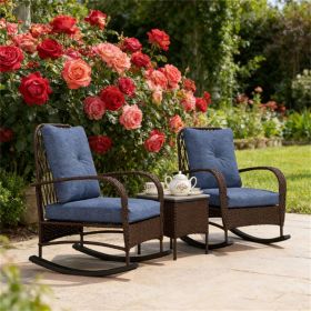 3-piece terrace furniture set, outdoor rocking chair with coffee table, garden set, brown