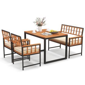 4 Pieces Acacia Wood Patio Dining Set with 1 Rectangular Table and Loveseat