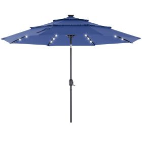 10ft 3-Tier Solar LED Patio Umbrella with Tilt Adjustment and UV-Resistant Polyester Fabric, Outdoor Market Umbrella, Navy Blue