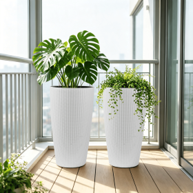 Set of 2 Faux Rattan Tall Planters Outdoor Indoor Large Planters with Water Level Monitor Inner Bucket, Automatic Watering