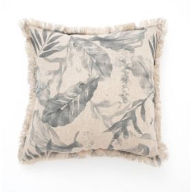 Linen Printed Cushion With Fringes  Brown (Option: Gray)