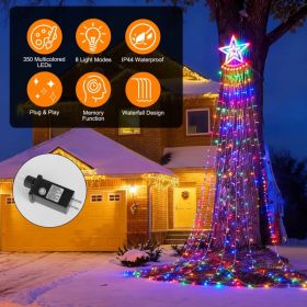 1Pc 11.48FT 350LED Multicolored Christmas Star Waterfall Tree String Light Indoor Outdoor Waterproof String Lights With Star Topper 8 Light Modes (Option: Colorful)