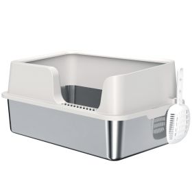 Stainless Steel Litter Box With High Side, Scoop, Easy Cleaning & Anti-Urine Leakage, For Big Cats, Light Gray (Option: Gray)