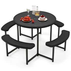Round Picnic Table Bench Set with 4 Benches and Umbrella Hole for Patio Lawn (Color: BLACK)