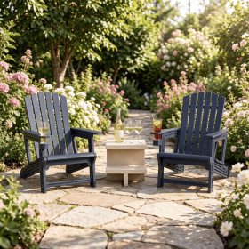 High-Back Adirondack Chair with Cup Holder HDPE Wood-Like Texture for Garden Outdoor Comfortable Seating with Classic Design-There is only one ch (Color: Blue)