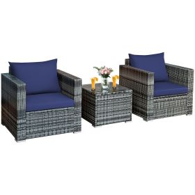 3 Pieces Patio Rattan Furniture Bistro Sofa Set with Cushioned (Color: Navy)