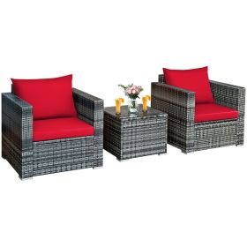 3 Pieces Patio Rattan Furniture Bistro Sofa Set with Cushioned (Color: Red)