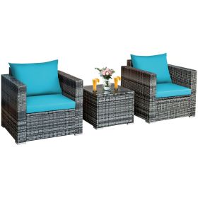3 Pieces Patio Rattan Furniture Bistro Sofa Set with Cushioned (Color: Turquoise)