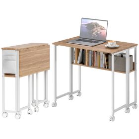 Folding Computer Desk, Foldable Desk With Storage Bag, Shelf And Wheels For Small Spaces, Home Office, Natural Wood (Option: Natural Wood)